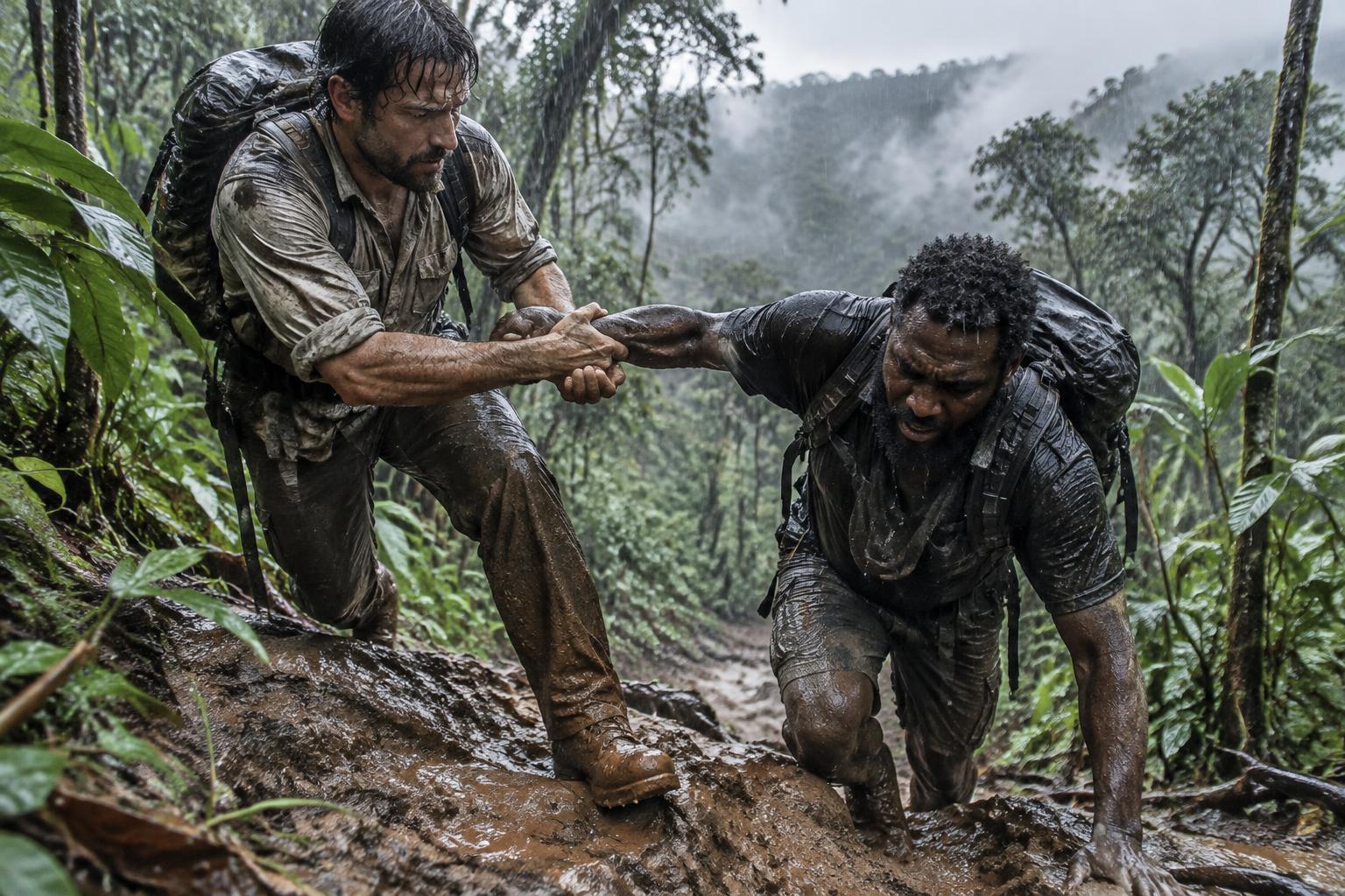 One man hauling another up a muddy jungle slope in heavy rain