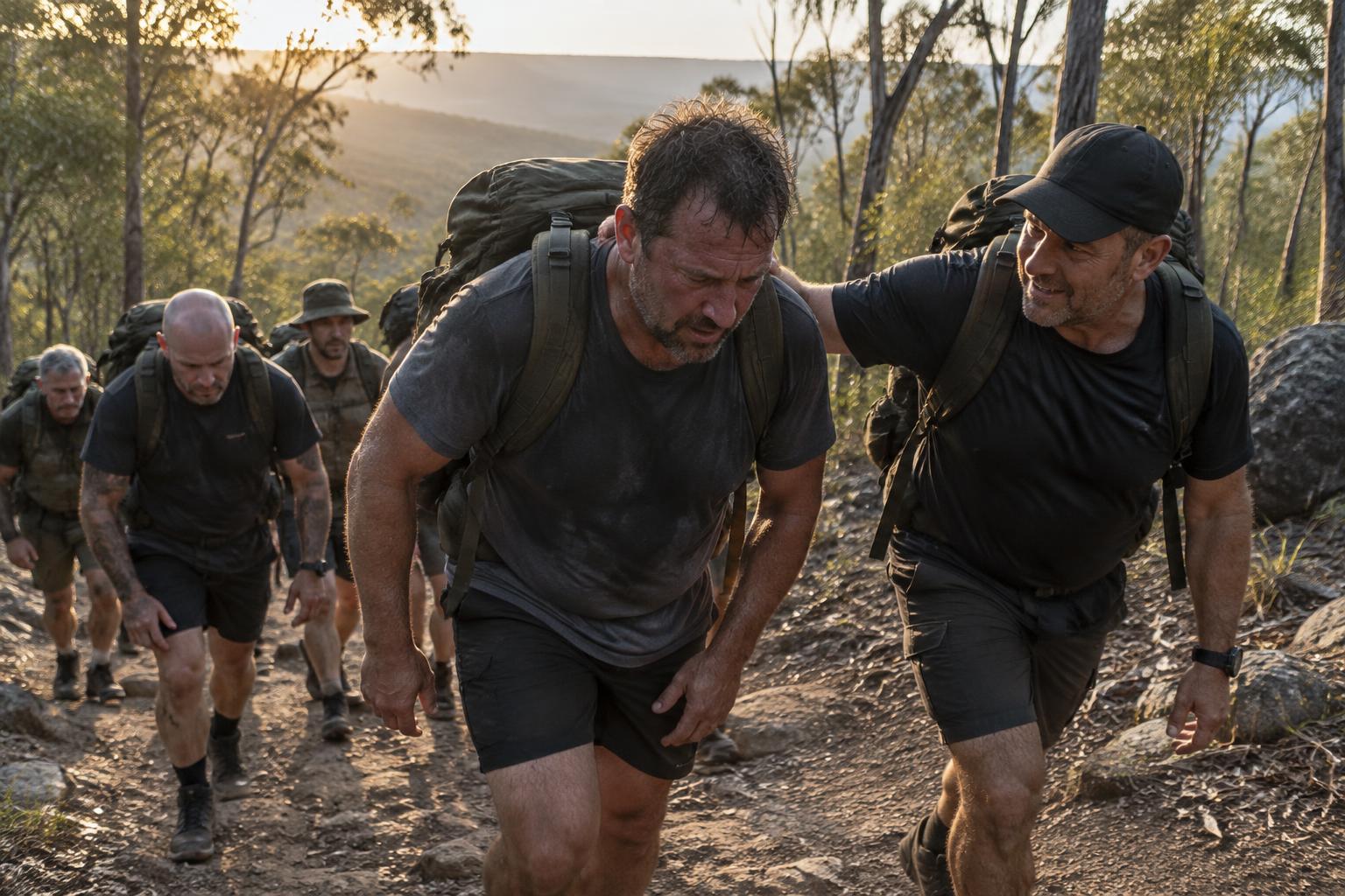 Men carrying loaded packs up a steep bush trail at dawn during training