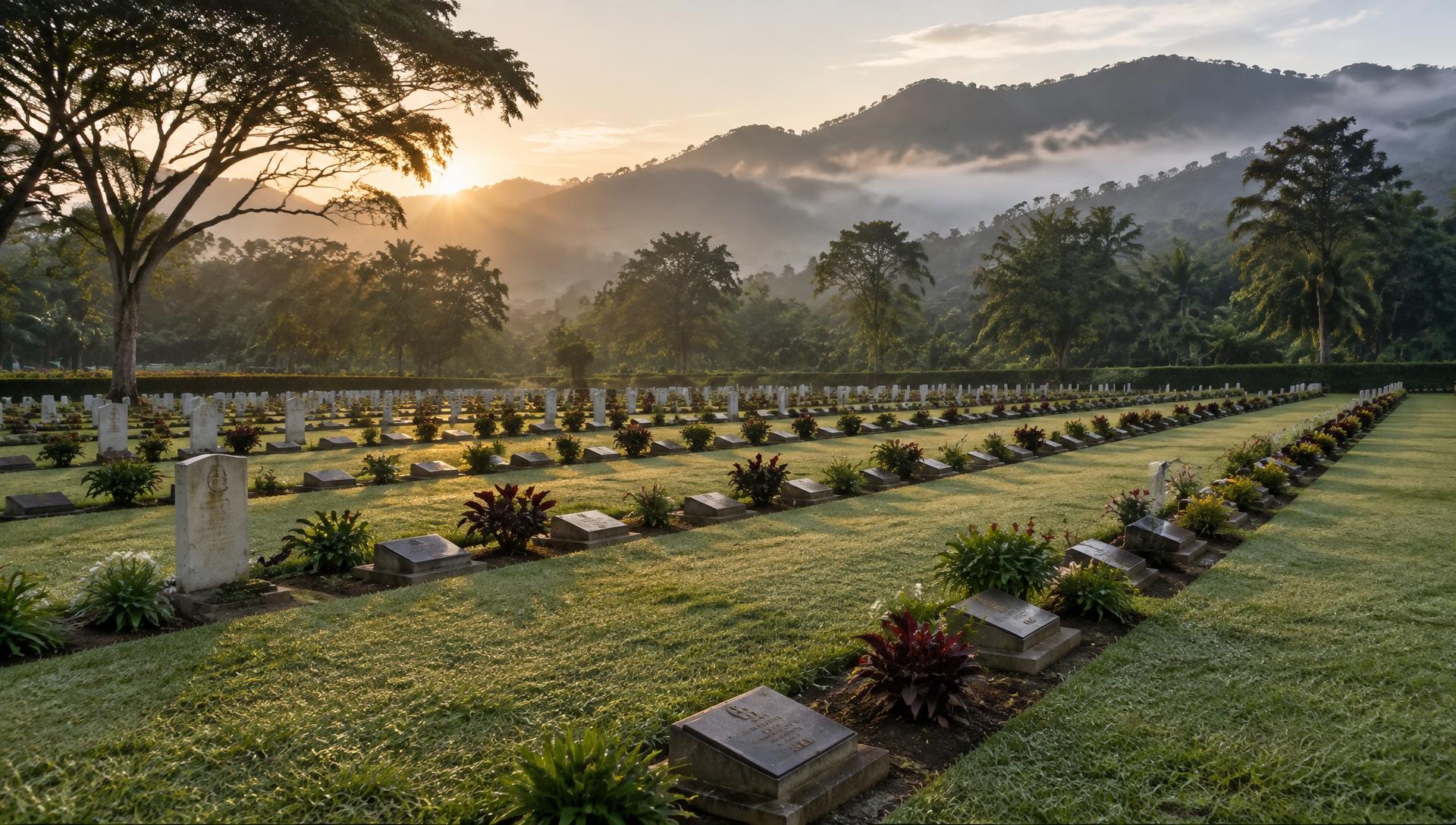 Rows of graves at a Commonwealth war cemetery in Papua New Guinea at dawn